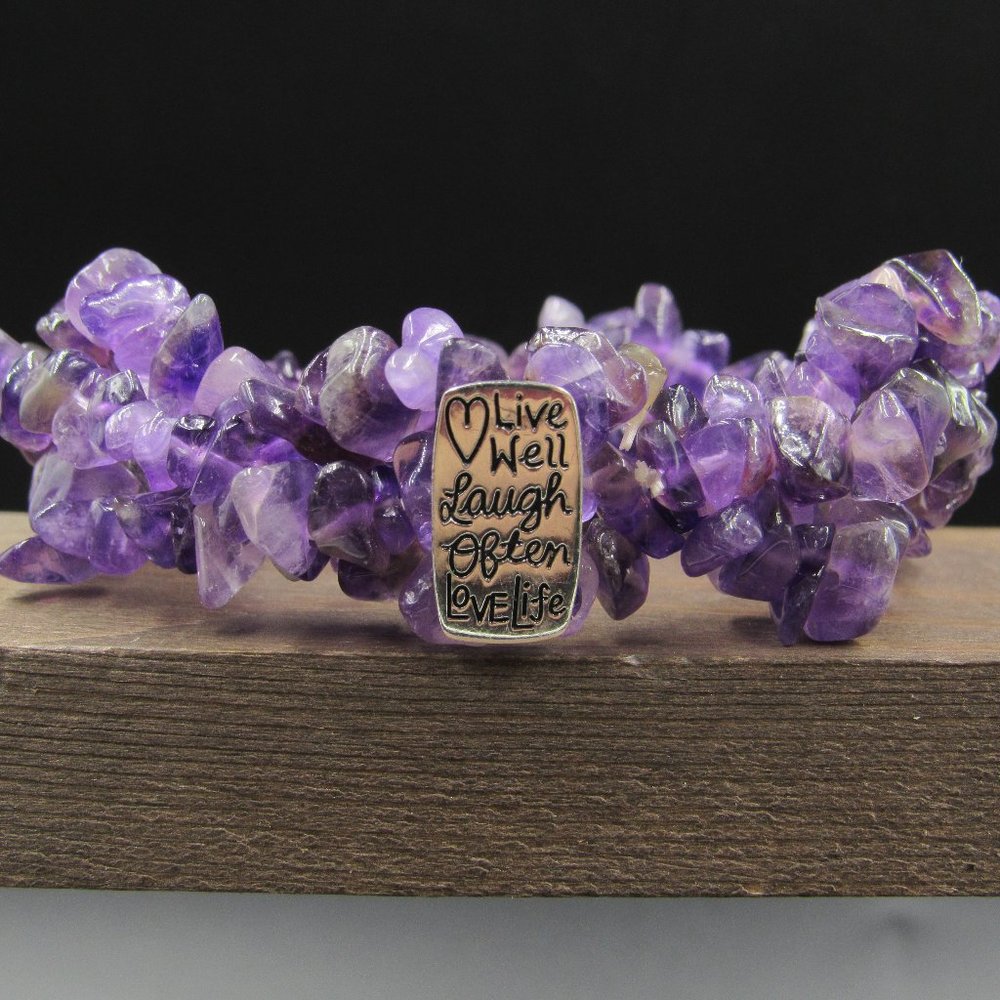 Sterling Silver Expandable Amethyst Stone Live Well Saying Bracelet Vintage
